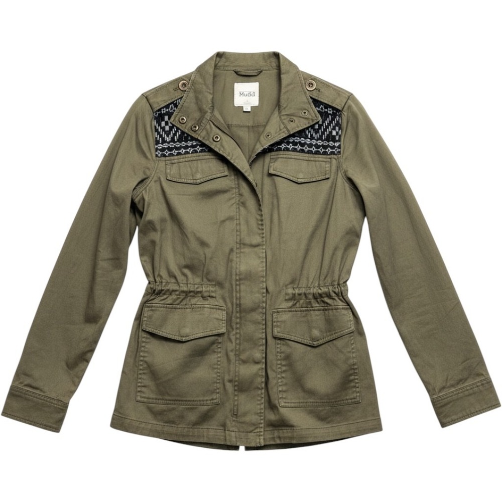 Mudd Womens Olive Green Utility‎ Jacket Embroidered Shoulder Field Coat Medium
